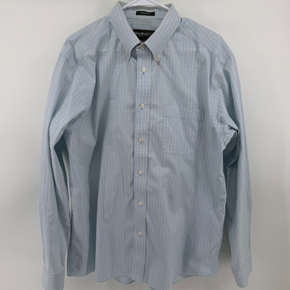 Eddie Bauer Mens Large Relaxed Fit Plaid Button Down‎ Shirt Blue Yellow Cotton